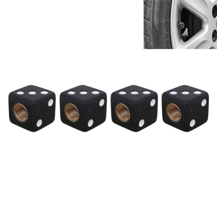 Pack of 4 black dice-shaped plastic tire valve caps with brass threaded inserts
