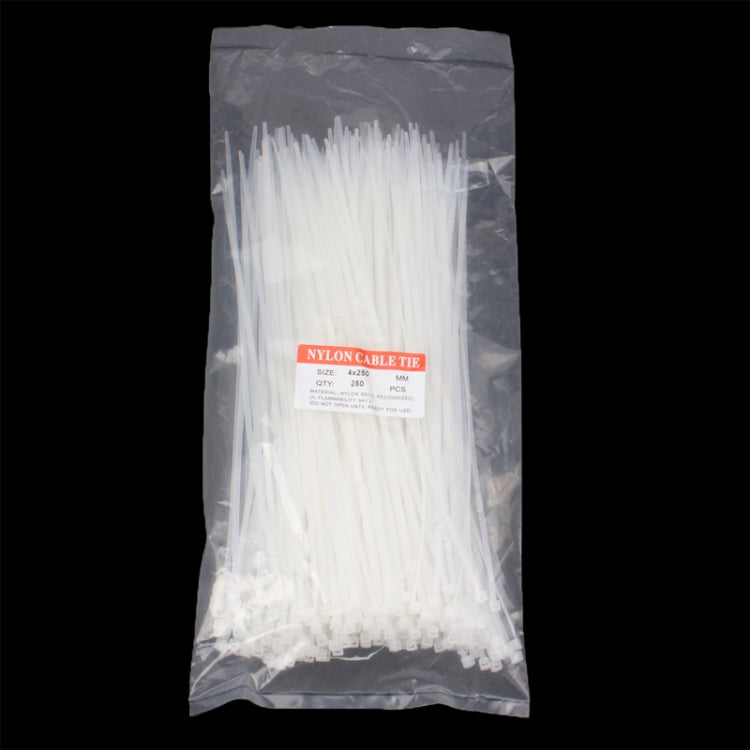 White nylon cable zip ties packed in a clear bag, 4mm x 250mm