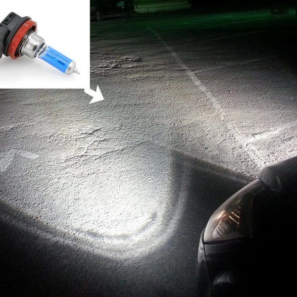 Headlight bulb beam illuminating road surface, blue glass bulb shown in inset