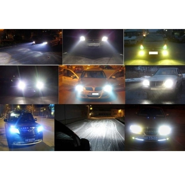 Car front headlights lit with bright xenon beams at night
