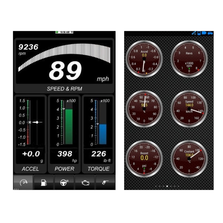 OBDII WiFi car scanner app dashboard gauges for speed, rpm, and power data