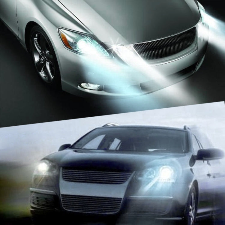 Car front with white LED fog lights on, showing bright light output