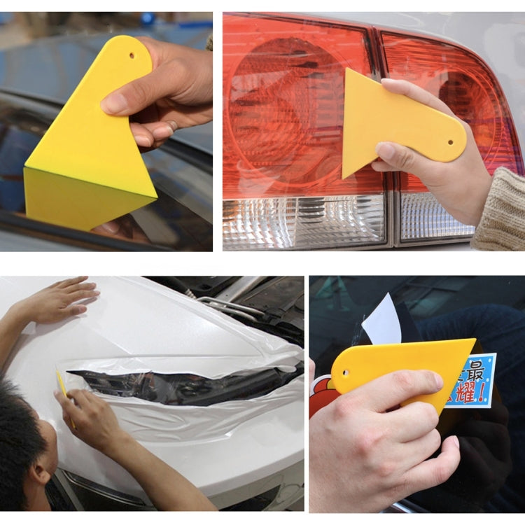 Yellow car window film scraper tool shown from multiple angles, triangular wedge