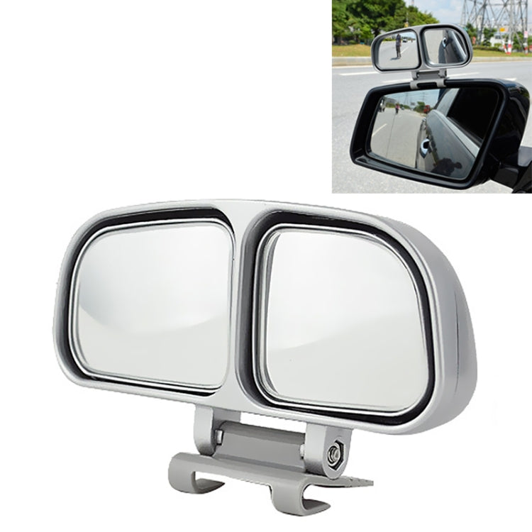 Silver universal left blind spot mirror with dual rectangular wide-angle lenses