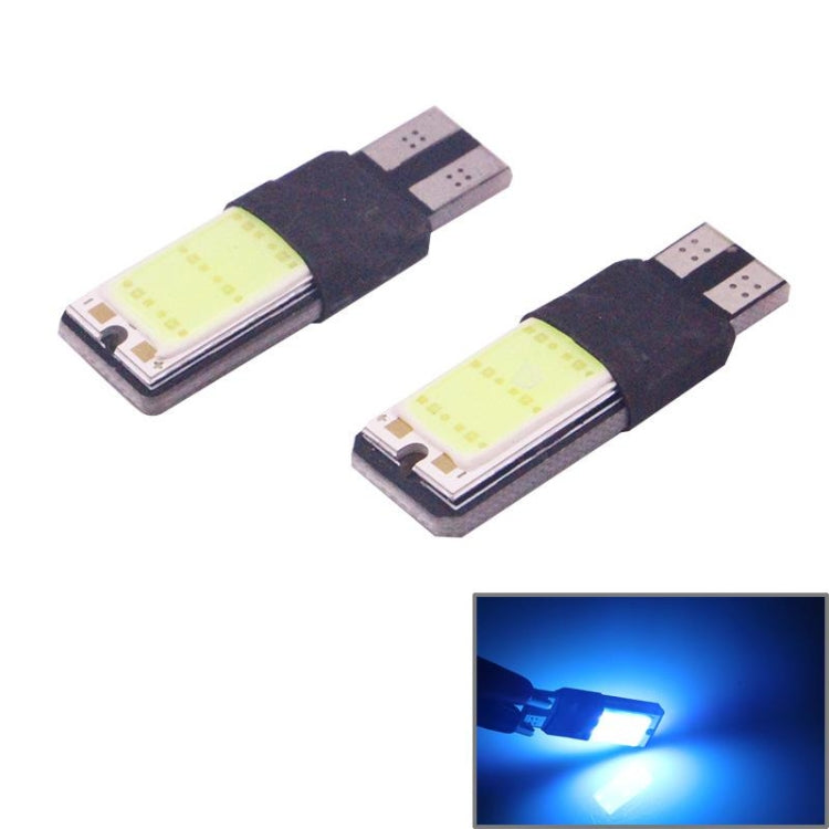 Two T10 COB LED bulbs with black base and ice-blue LED glow