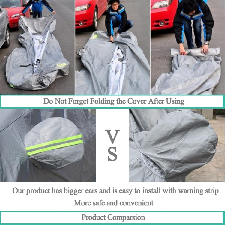 PEVA car cover folding and installation sequence; white cover with neon-yellow warning strip