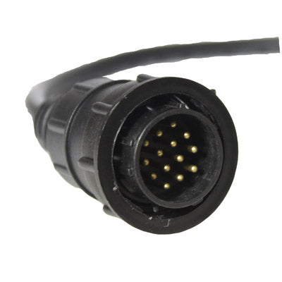 OBDII adapter close-up: circular 14-pin diagnostic connector end