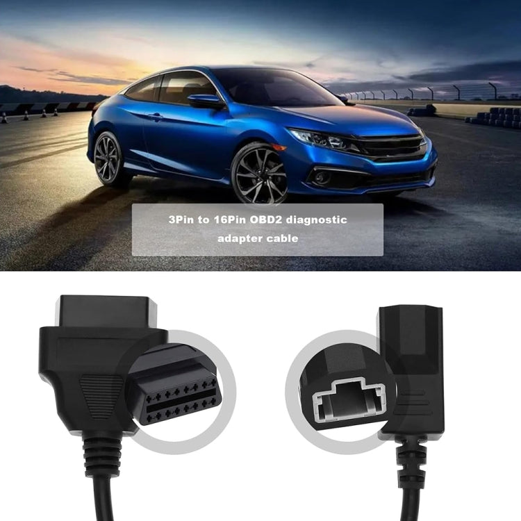 OBD diagnostic adapter cable showing black keyed 3-pin and 16-pin plugs