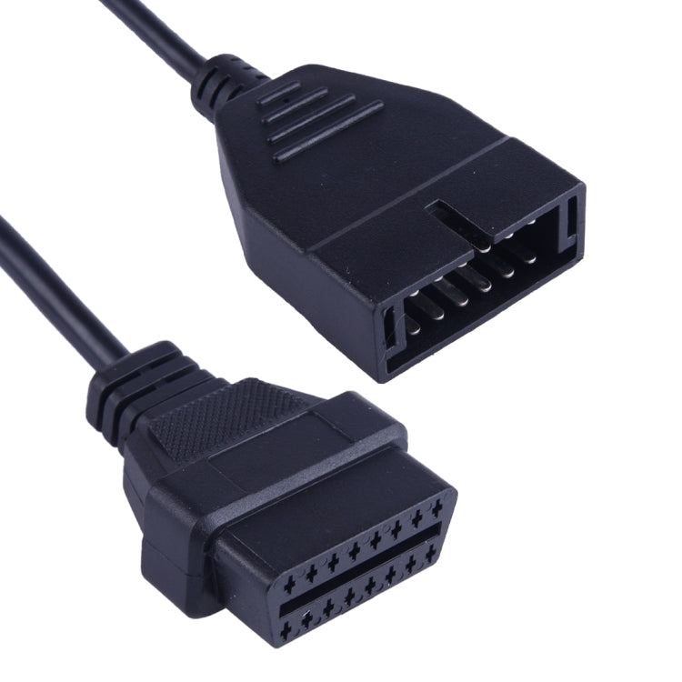 OBDII diagnostic cable showing both 12-16 pin GM-style plugs, black, 19cm