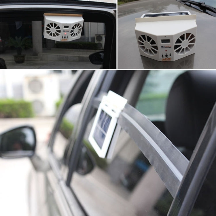 Solar-powered car vent fan with fold-out solar panel shown near the windshield