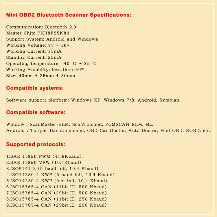 Specification sheet for mini OBD2 Bluetooth scanner with compatibility and protocols