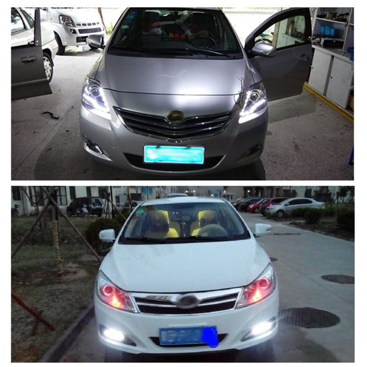 Front of car showing installed LED daytime running lights glowing on bumper