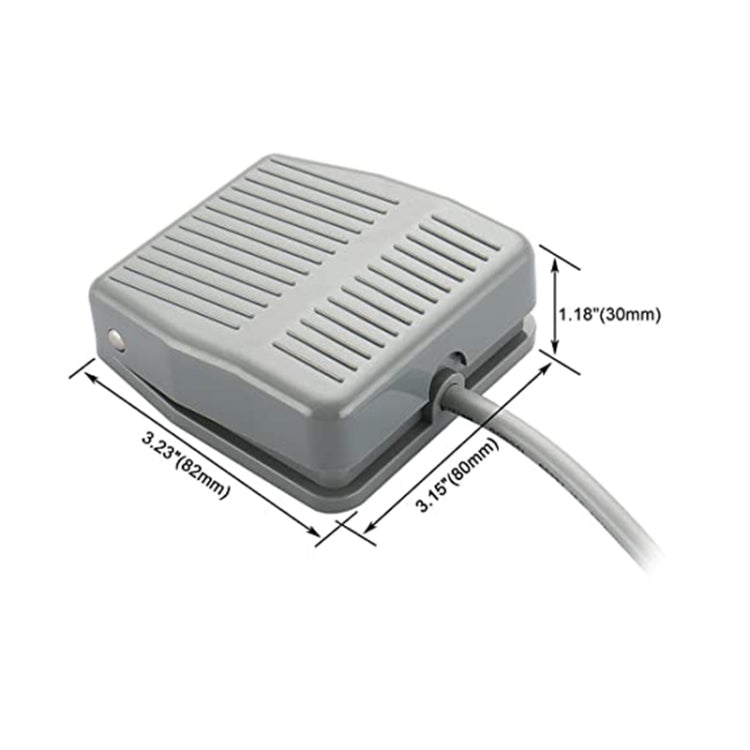Gray plastic electric foot switch power pedal with size dimensions and cable