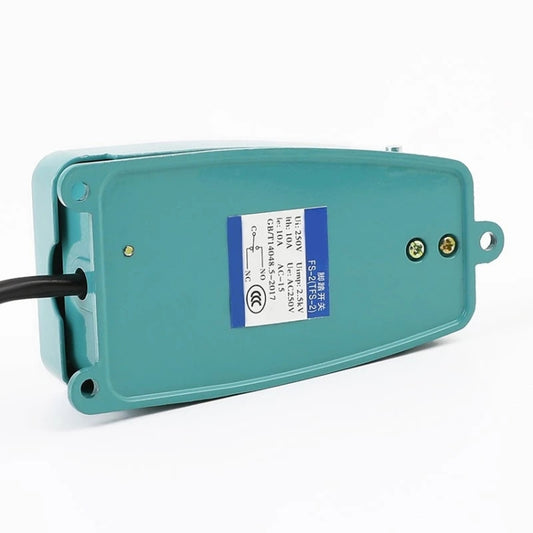 Turquoise foot switch housing with label and two metal connection terminals