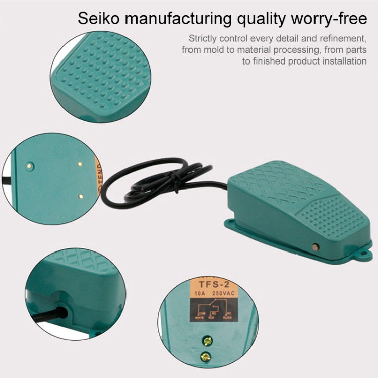 Turquoise anti-slip foot control pedal switch with black cable, shown in parts overview
