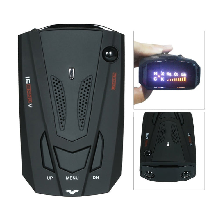 Black V7 car radar detector with speaker vents, buttons, and small screen