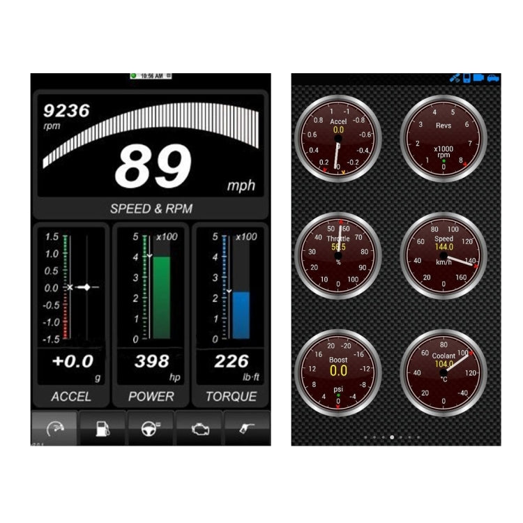 Mobile app dashboard screens showing speed, RPM, and gauge readings
