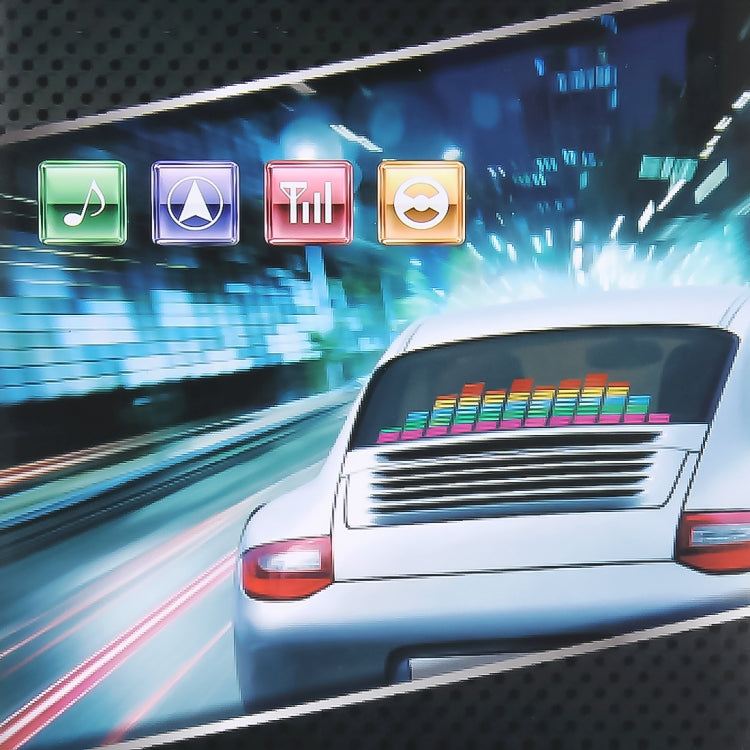 Music active car LED equalizer sticker with multicolor bar graphics on rear panel