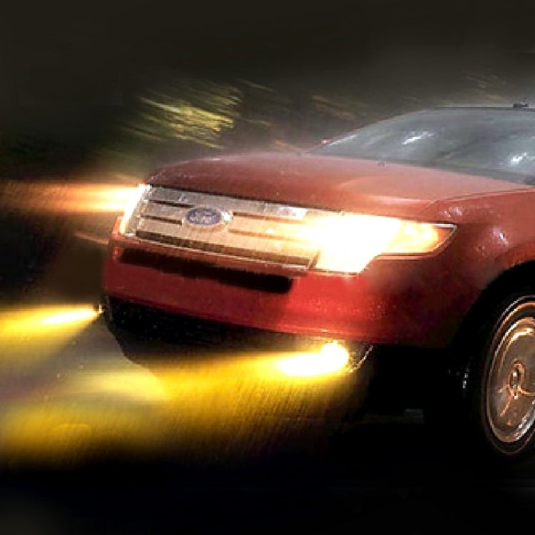 Car headlight beam with yellow glow from H4 halogen bulbs