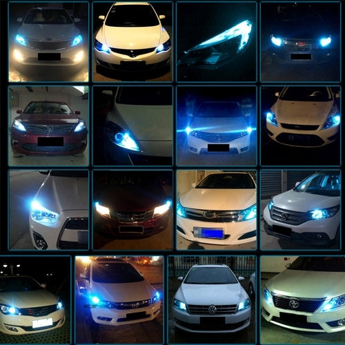 Multiple car front and rear views showing bright blue LED bulb light glow