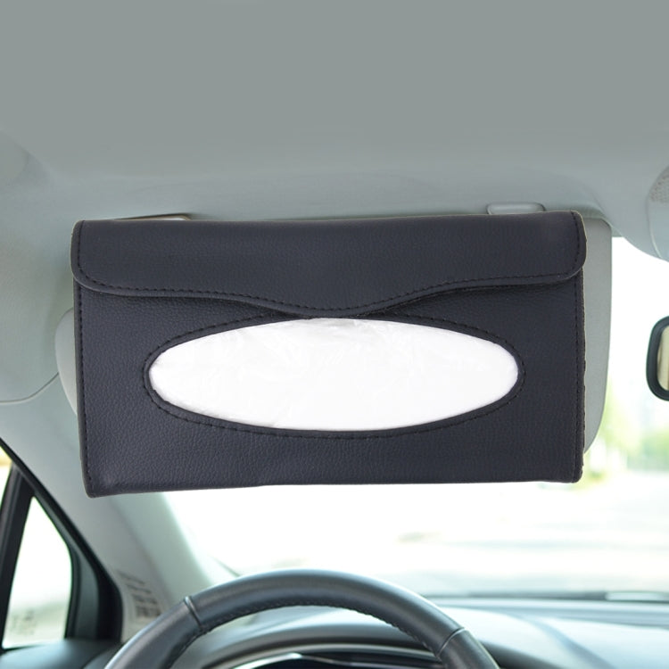 Black PU car sun visor tissue box holder with oval tissue opening