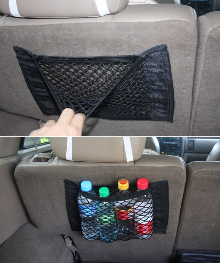 Black mesh storage bag shown in hand, plus use with bottles in the pocket.