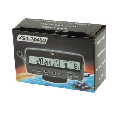 VST car digital thermometer product box with LCD display and voltage readout