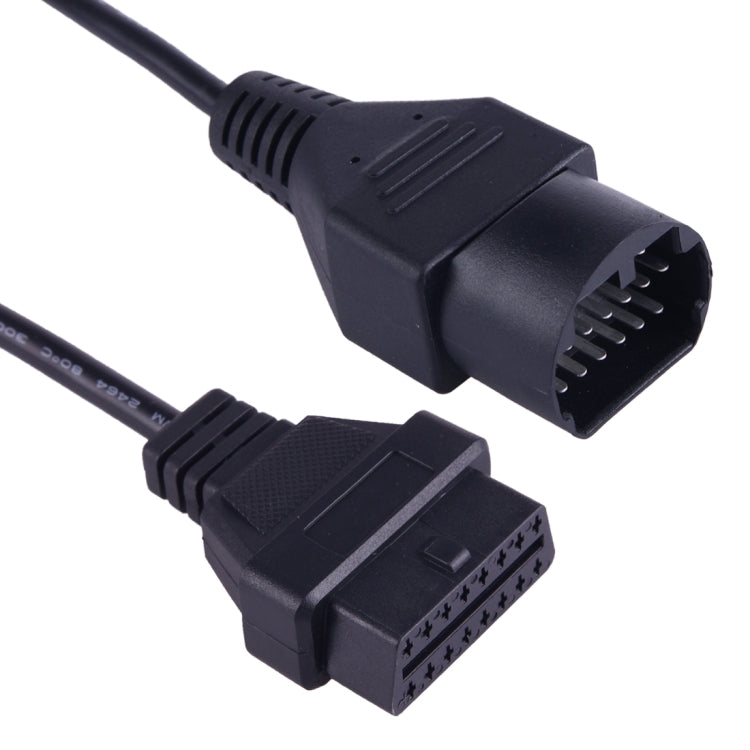 17-pin to 16-pin OBD-II diagnostic cable, black plugs shown at both ends