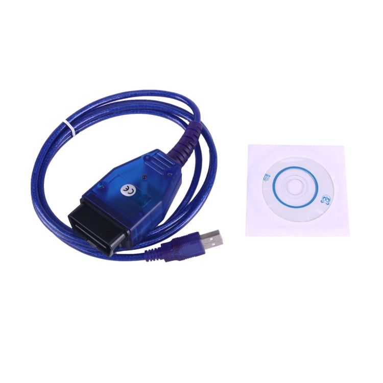 Blue USB-to-OBD ECU scan tool cable set with disc and instruction sheet