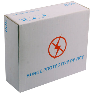 Surge protective device product box with warning symbol and printed text