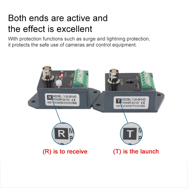 Active CCTV video balun pair for receive (R) and transmit (T) with green screw terminals