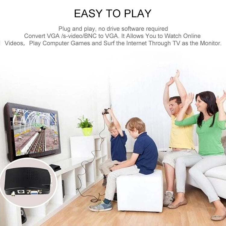 S-Video/BNC to VGA converter shown in a home TV setup with connected devices