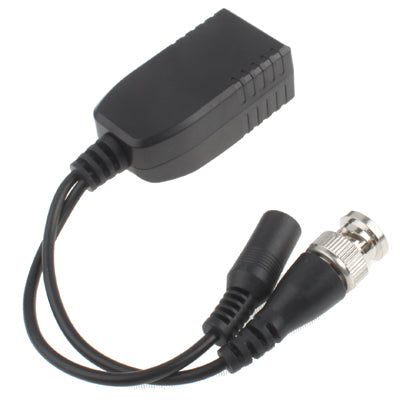 Black passive balun with BNC connector and barrel plug, inline power/video leads