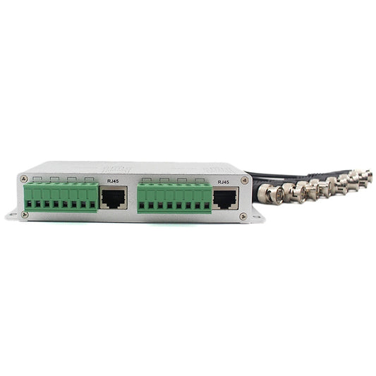 Passive video balun with RJ45 ports, green terminal blocks, and BNC coax connectors