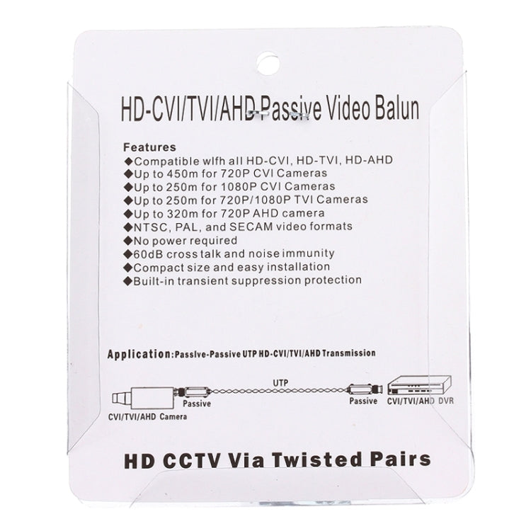 Packaging insert showing HD-CVI/TVI/AHD passive video balun features and connection diagram