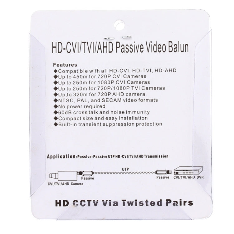 HD-CVI/TVI/AHD passive video balun package card with feature list and diagram