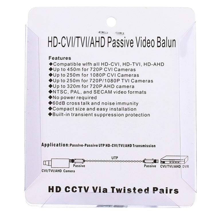 HD-CVI/TVI/AHD passive video balun features card with wiring diagram