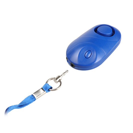 Blue personal alarm whistle-style keychain with neck strap and metal clip keyring