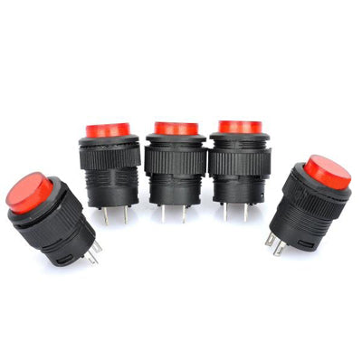 Five 16mm 2-pin push button switches with red tops; pin ends visible on black mounts