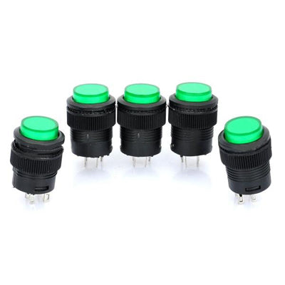 Pack of five green 16mm self-locking push button switches, black 4-pin indicator