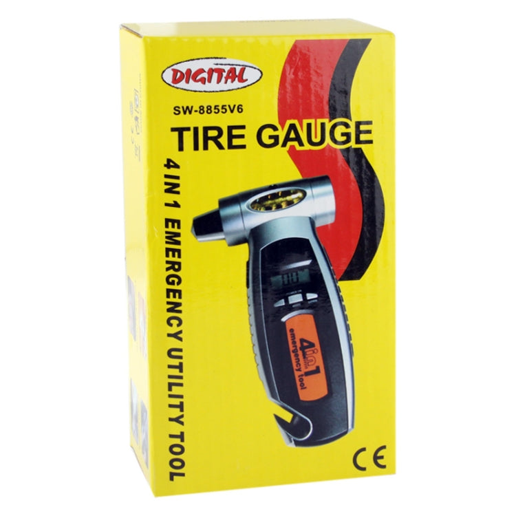 Digital tire gauge emergency utility tool retail box, yellow packaging with product photo