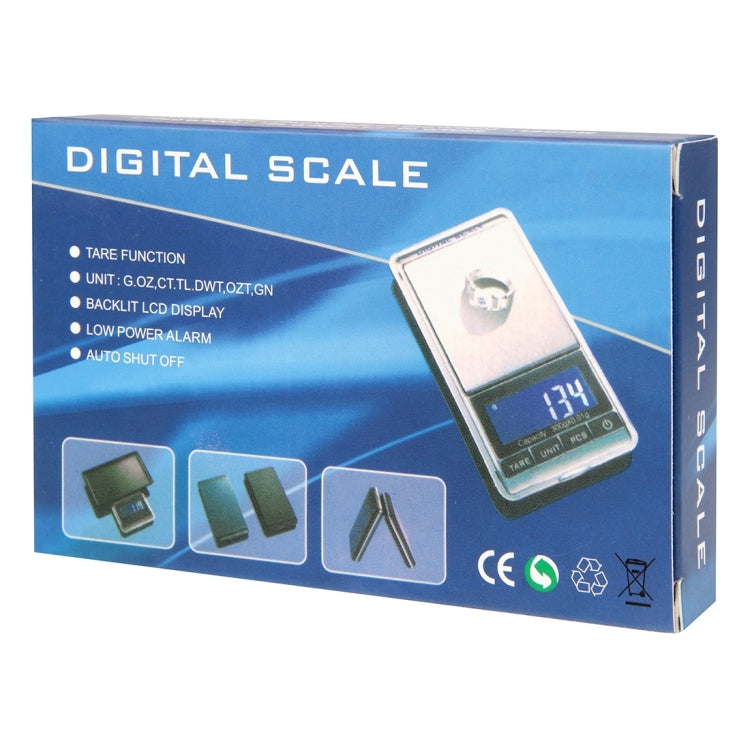 Retail box for DIGITAL SCALE with features icons and pictured handheld scale