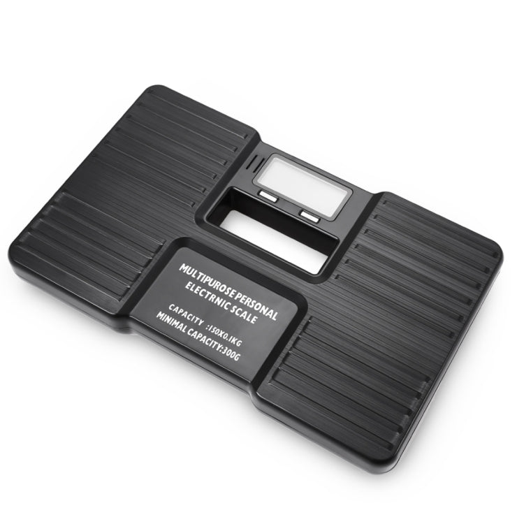 Black portable digital weight scale shown at an angle, with LCD screen