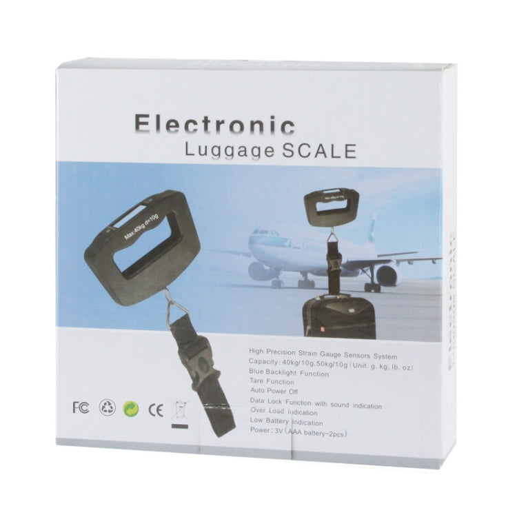 Electronic luggage scale retail box with printed product and text