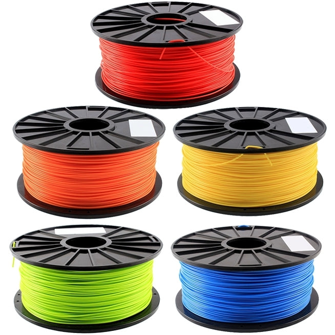 Mixed-color fluorescent PLA filament spools on black reels