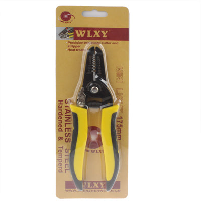 Wire stripping and cutting pliers in retail blister package, yellow-and-black handles