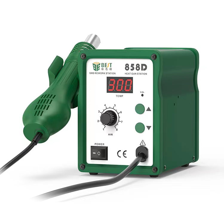 Green hot air rework station with digital 300°C temperature display and air controls