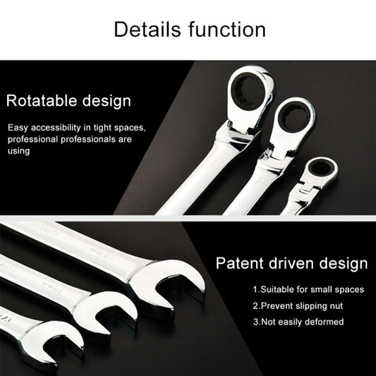 Ratcheting angled open-end wrench with rotating head, silver with black socket