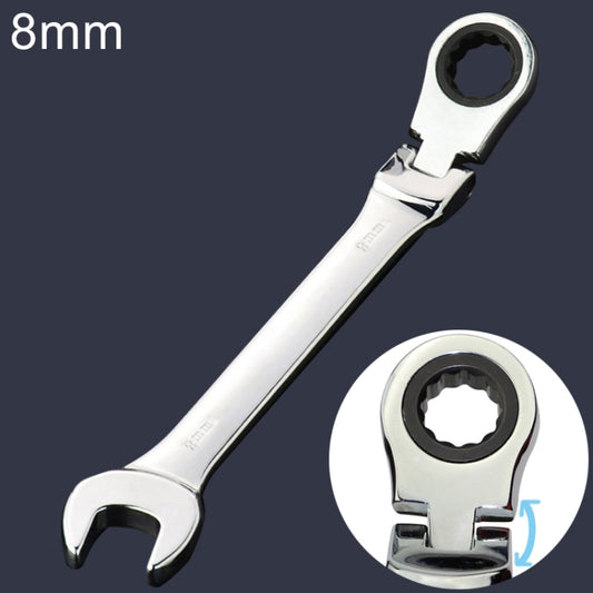8mm ratcheting angled open-end wrench, silver body with black drive socket