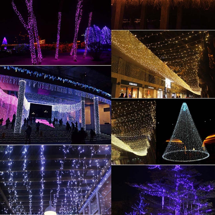 Outdoor LED light curtain with cone-like hanging strands, purple and warm white glow